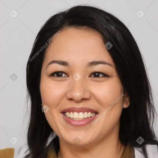 Joyful asian young-adult female with medium  black hair and brown eyes