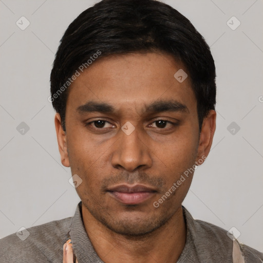 Neutral latino young-adult male with short  black hair and brown eyes