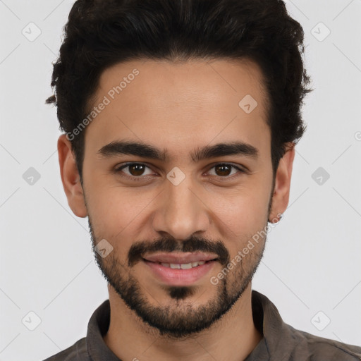 Joyful white young-adult male with short  black hair and brown eyes