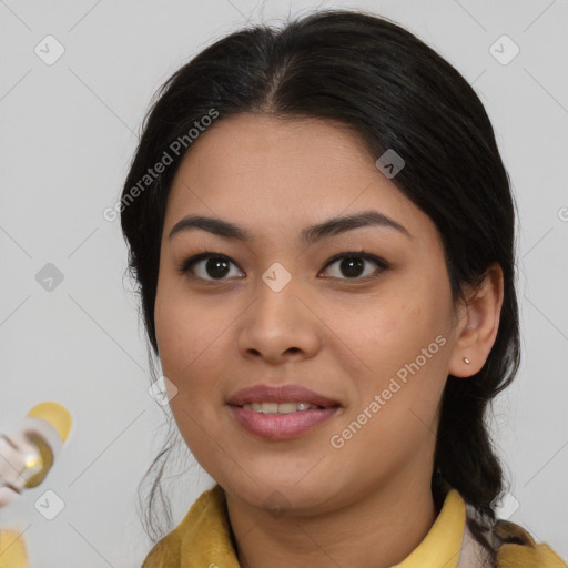 Joyful asian young-adult female with medium  brown hair and brown eyes