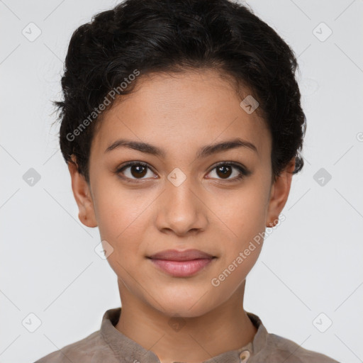 Joyful latino young-adult female with short  brown hair and brown eyes