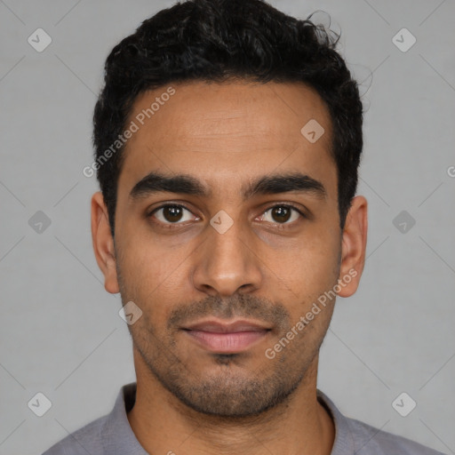 Neutral latino young-adult male with short  black hair and brown eyes