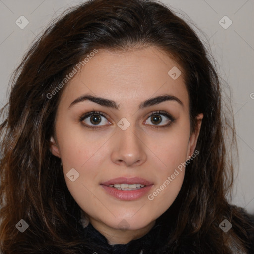 Joyful white young-adult female with long  brown hair and brown eyes