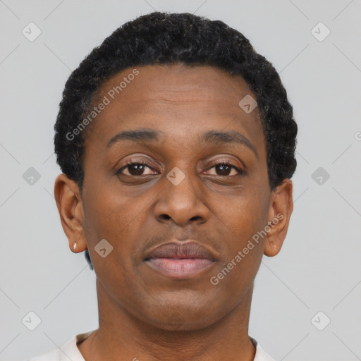 Neutral black adult female with short  brown hair and brown eyes