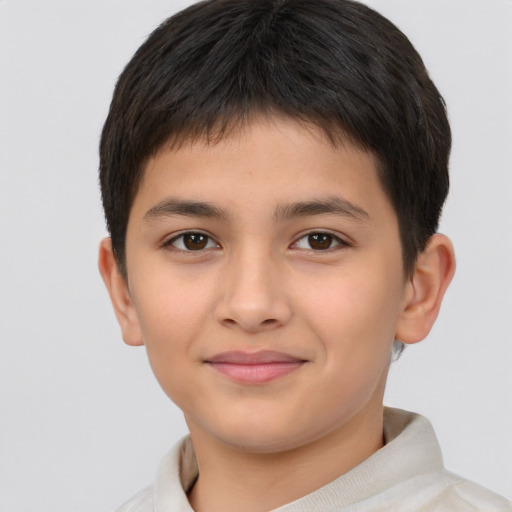 Joyful asian child male with short  brown hair and brown eyes