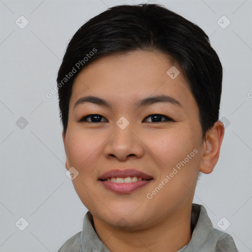 Joyful asian young-adult female with short  black hair and brown eyes