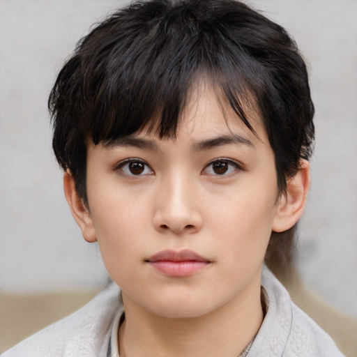 Neutral asian young-adult female with medium  brown hair and brown eyes