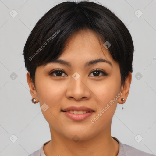 Joyful asian young-adult female with short  brown hair and brown eyes