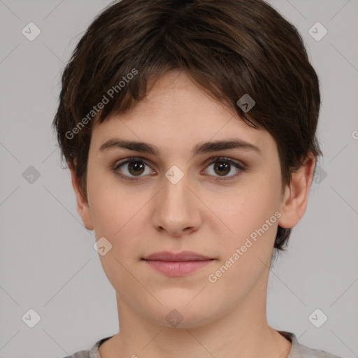 Neutral white young-adult female with short  brown hair and brown eyes