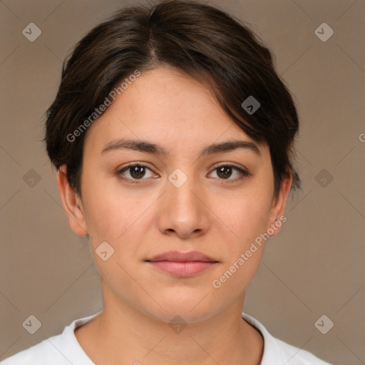 Neutral white young-adult female with short  brown hair and brown eyes