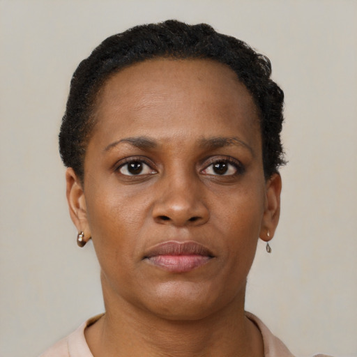 Neutral black young-adult female with short  brown hair and brown eyes