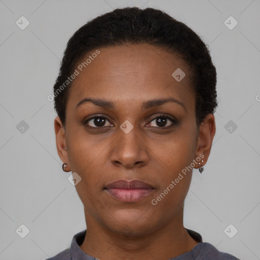 Neutral black young-adult female with short  brown hair and brown eyes