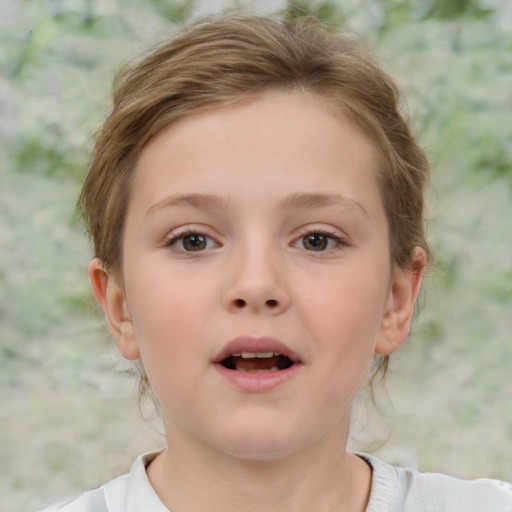 Joyful white child female with medium  brown hair and brown eyes