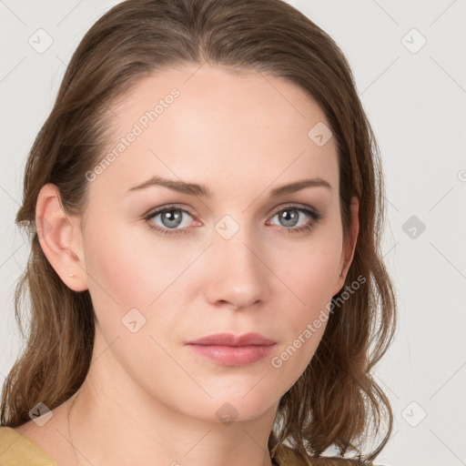 Neutral white young-adult female with medium  brown hair and grey eyes