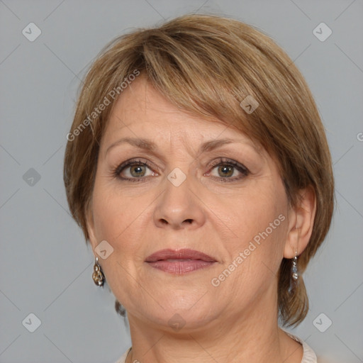 Joyful white adult female with medium  brown hair and grey eyes