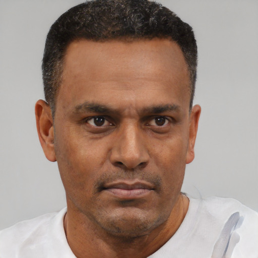 Neutral black adult male with short  brown hair and brown eyes