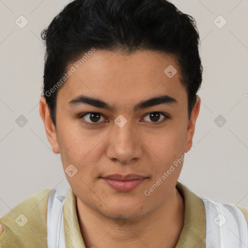 Joyful latino young-adult male with short  black hair and brown eyes