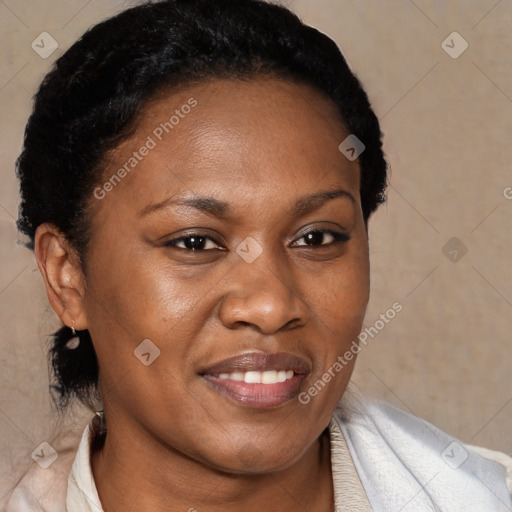 Joyful black adult female with short  brown hair and brown eyes