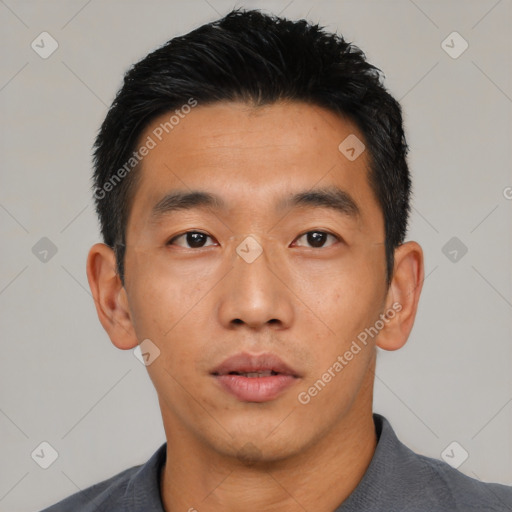 Neutral asian young-adult male with short  black hair and brown eyes