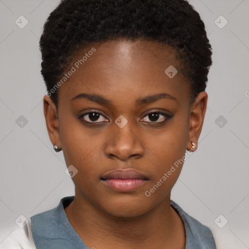 Neutral black young-adult female with short  brown hair and brown eyes