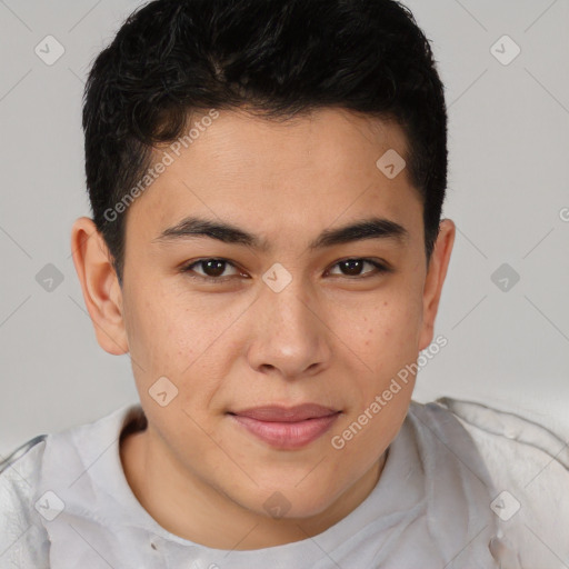 Joyful latino young-adult male with short  brown hair and brown eyes