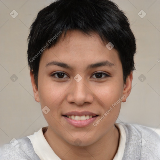 Joyful asian young-adult female with short  brown hair and brown eyes