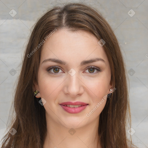 Joyful white young-adult female with long  brown hair and green eyes