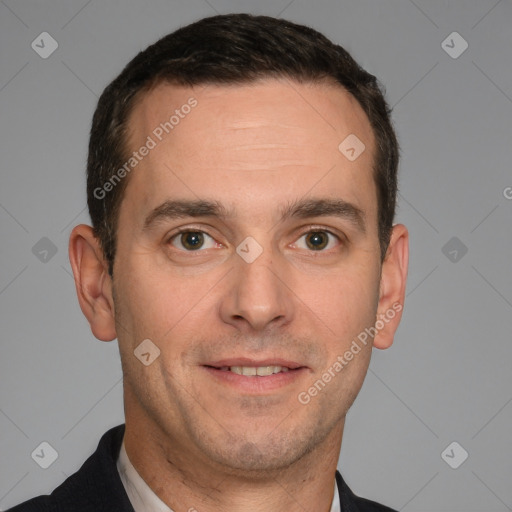 Joyful white young-adult male with short  brown hair and brown eyes