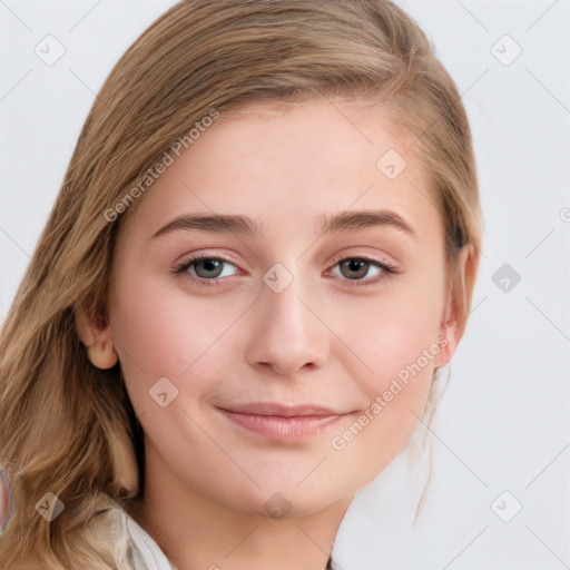 Joyful white young-adult female with long  brown hair and blue eyes