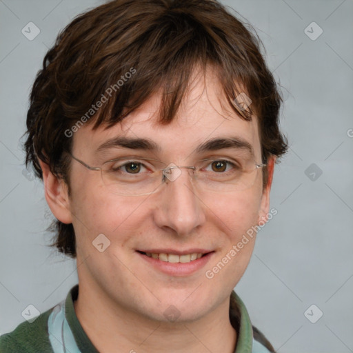 Joyful white adult male with short  brown hair and grey eyes