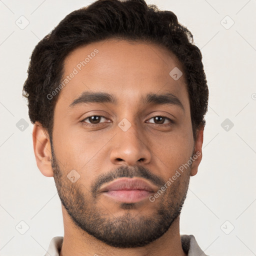 Neutral latino young-adult male with short  brown hair and brown eyes