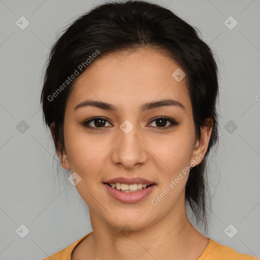 Joyful asian young-adult female with medium  brown hair and brown eyes