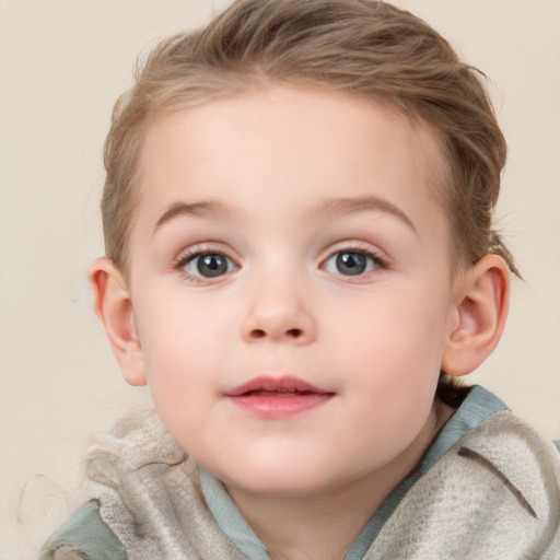 Neutral white child female with medium  brown hair and blue eyes