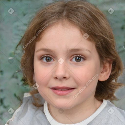 Joyful white child female with medium  brown hair and brown eyes