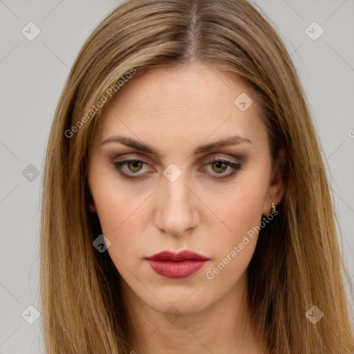 Neutral white young-adult female with long  brown hair and brown eyes