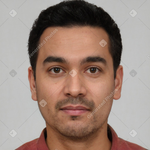 Neutral white young-adult male with short  black hair and brown eyes