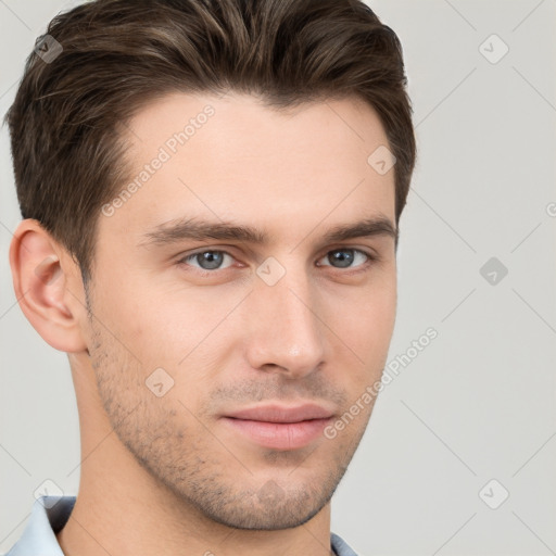 Neutral white young-adult male with short  brown hair and brown eyes