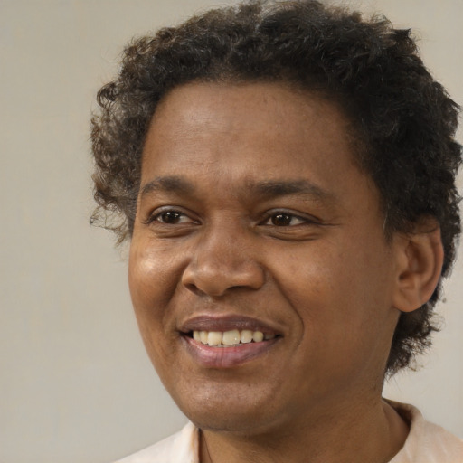 Joyful black adult male with short  brown hair and brown eyes