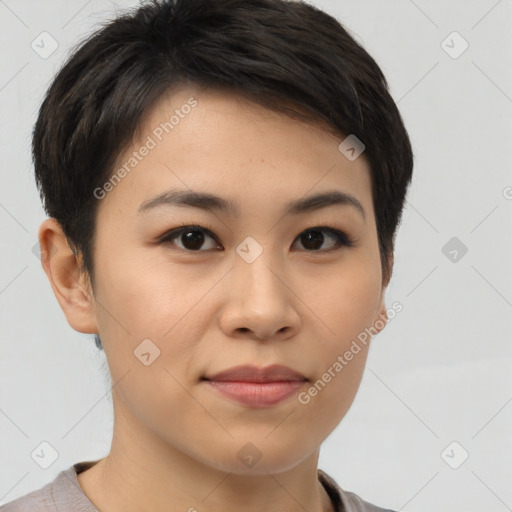 Joyful asian young-adult female with short  brown hair and brown eyes