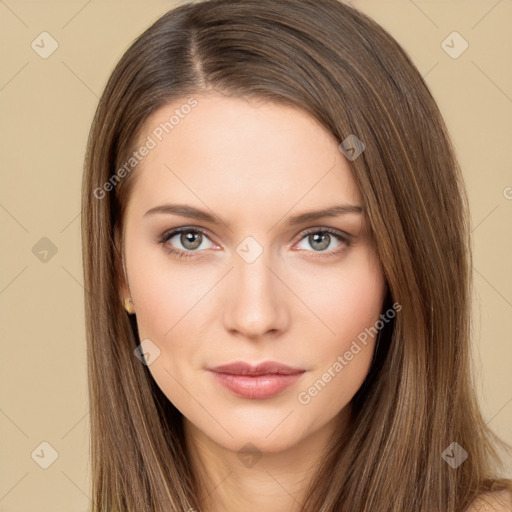 Neutral white young-adult female with long  brown hair and brown eyes