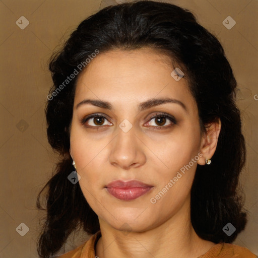 Neutral latino young-adult female with medium  brown hair and brown eyes