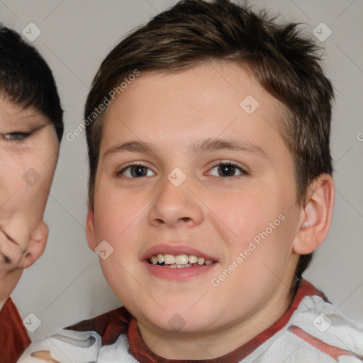 Joyful white child male with short  brown hair and brown eyes