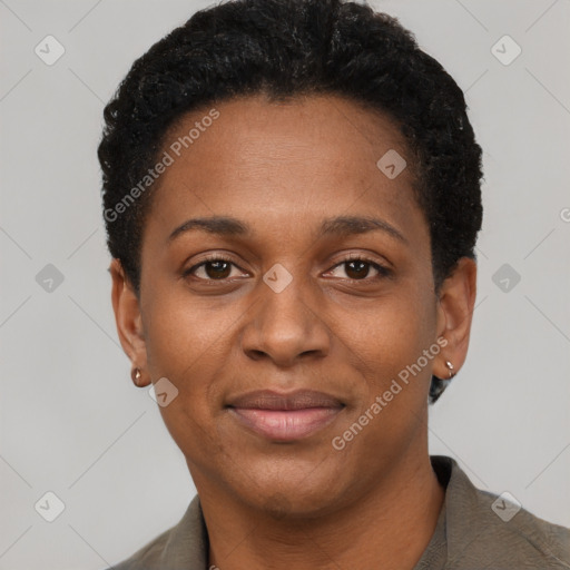 Joyful black young-adult female with short  black hair and brown eyes