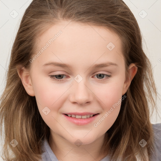 Joyful white child female with medium  brown hair and grey eyes