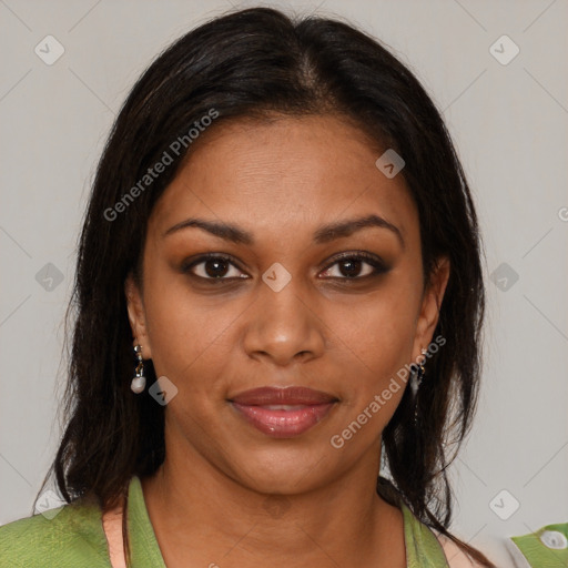 Joyful black young-adult female with medium  brown hair and brown eyes
