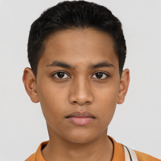 Neutral latino young-adult male with short  brown hair and brown eyes