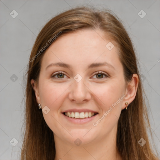 Joyful white young-adult female with long  brown hair and grey eyes