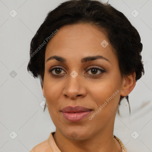 Joyful black young-adult female with medium  black hair and brown eyes