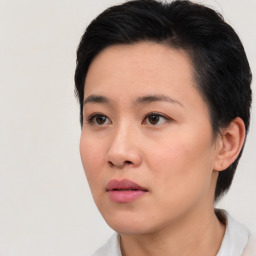 Neutral asian young-adult female with short  black hair and brown eyes