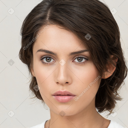 Neutral white young-adult female with medium  brown hair and brown eyes